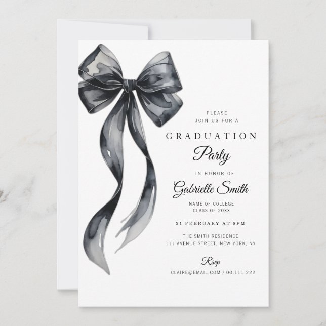Invitación Watercolor black bow modern graduation party (Anverso)