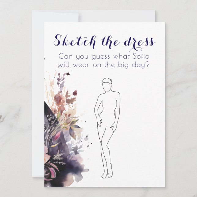 Invitación Watercolor black dress purple bridal shower game (Anverso)