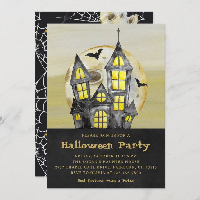 Invitación Watercolor Black Haunty House Halloween Party (Anverso / Reverso)