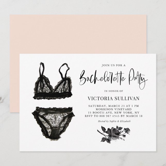 Invitación Watercolor Black Lace Lingerie Bachelorette Party (Anverso / Reverso)