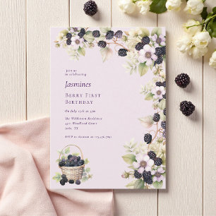 Invitación Watercolor Blackberry Berry Primera fiesta de cump