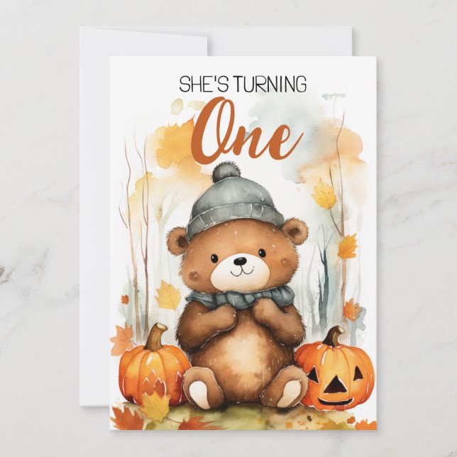 Invitación Watercolor Blanco y Marrón Feliz Oso Primer Cumple (Anverso)