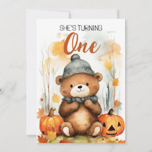 Invitación Watercolor Blanco y Marrón Feliz Oso Primer Cumple