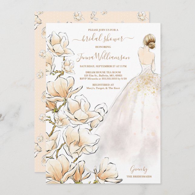 Invitación Watercolor Blonde Bride Magnolia Bridal Shower (Anverso / Reverso)