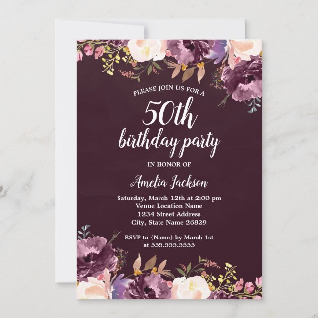 Invitación Watercolor Bloom Purple Floral 50 cumpleaños (Anverso)