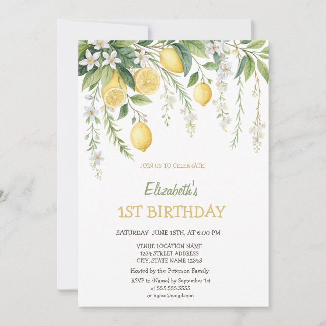 Invitación Watercolor Blooming Lemons Birthday  (Anverso)