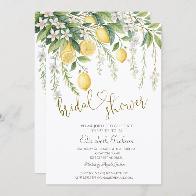 Invitación  Watercolor Blooming Lemons Bridal Shower  (Anverso / Reverso)