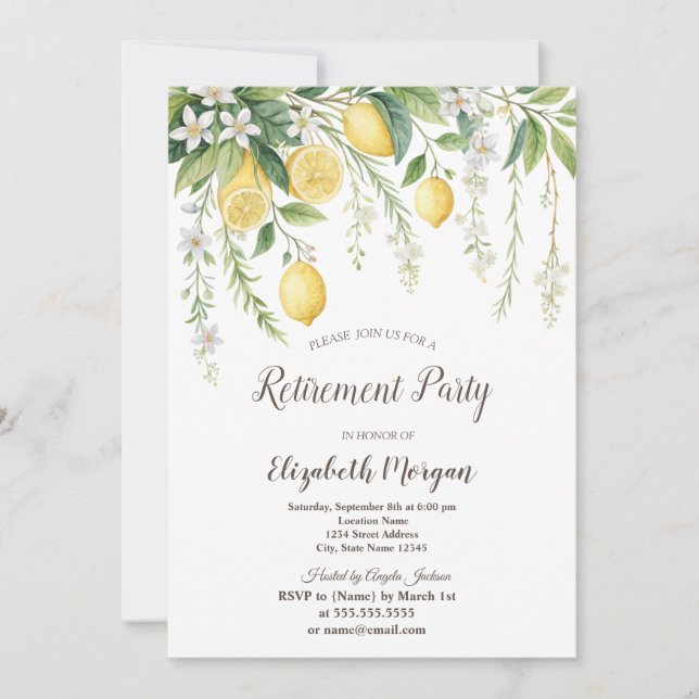 Invitación Watercolor Blooming Lemons Retirement  (Anverso)