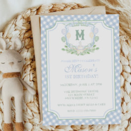 Invitación Watercolor Blue 1st Birthday Monogram Crest Party
