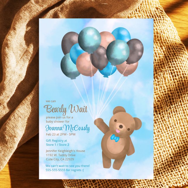 Invitación Watercolor Blue Brown Balloons Bear Baby Shower (Watercolor Blue Brown Balloons Bear Baby Shower Digital Invitation Available in Drop Down Menu)
