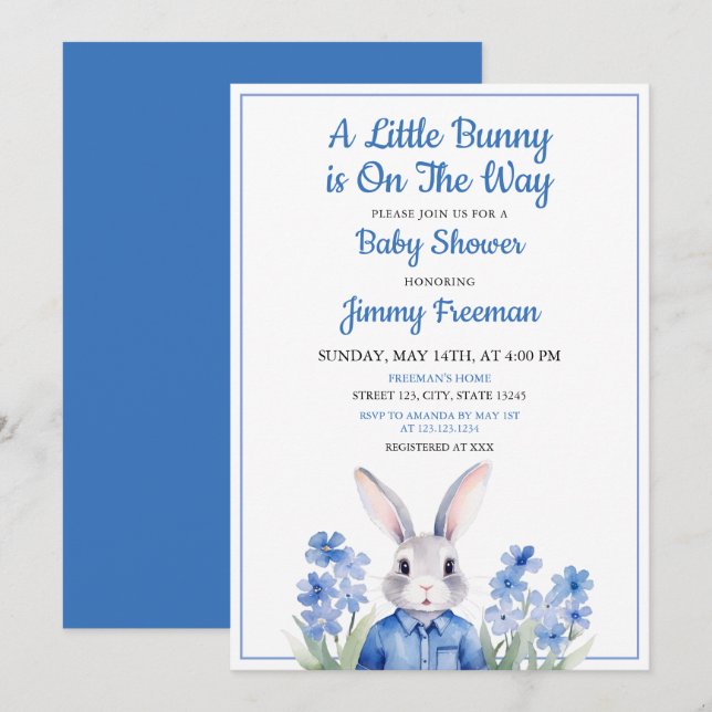 Invitación Watercolor Blue Bunny Boy Floral Baby Shower (Anverso / Reverso)