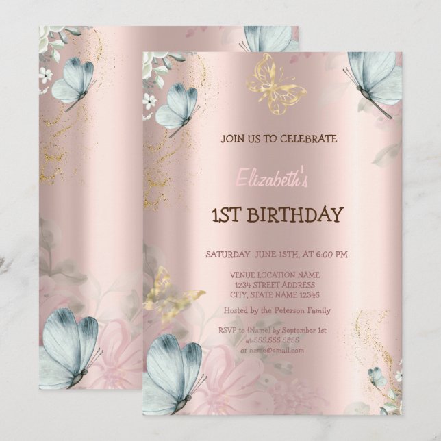Invitación Watercolor Blue Butterflies Rosa Gold Birday (Anverso / Reverso)