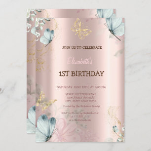 Invitación Watercolor Blue Butterflies Rosa Gold Birday