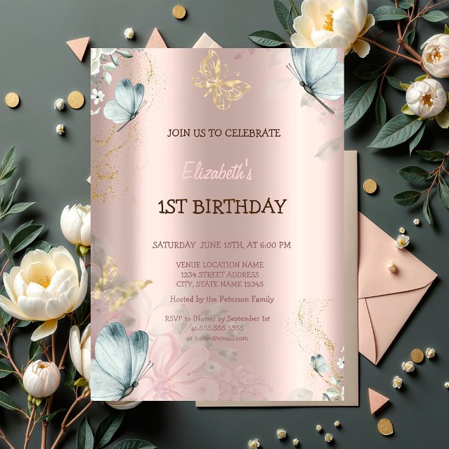 Invitación Watercolor Blue Butterflies Rosa Gold Birday (Subido por el creador)