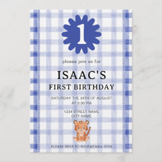 Invitación Watercolor Blue Check Tiger Birthday Invitation