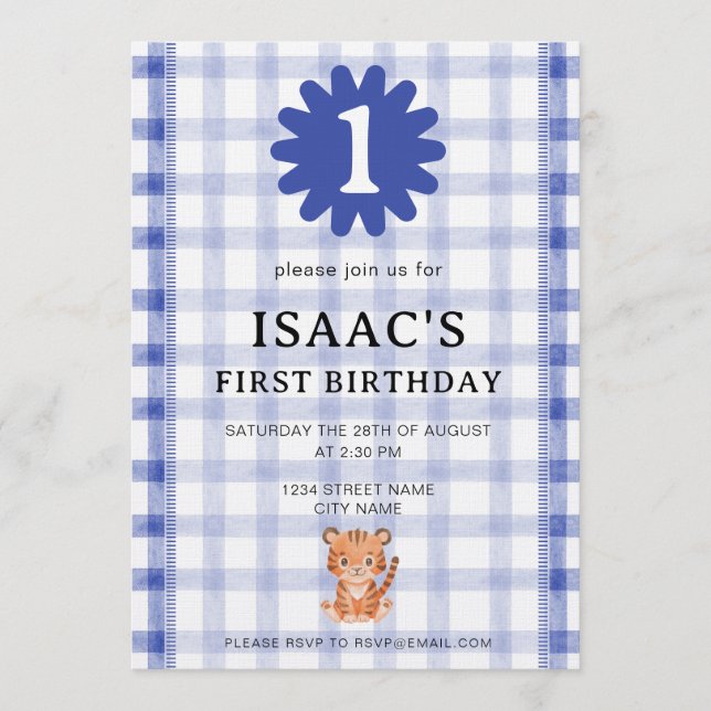 Invitación Watercolor Blue Check Tiger Birthday Invitation (Anverso)