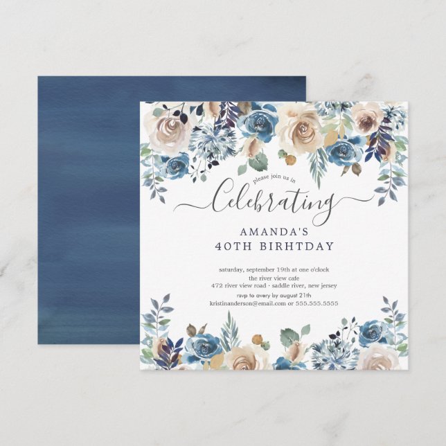 Invitación Watercolor Blue & Cream Floral Birday Party Invi (Anverso / Reverso)