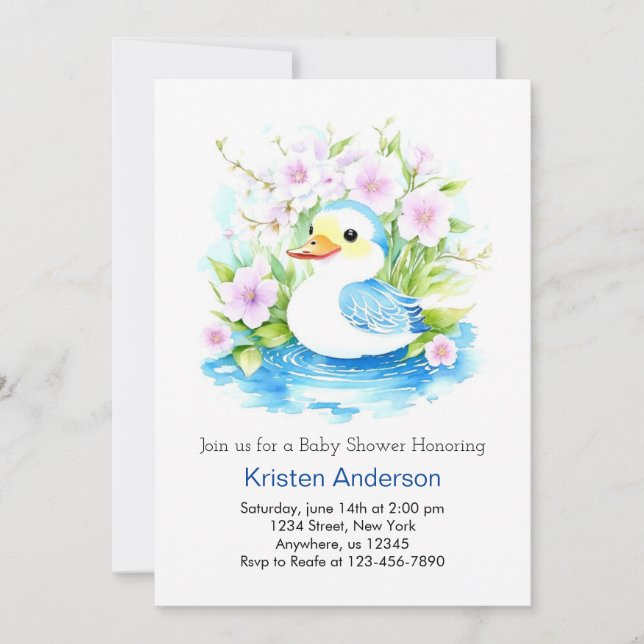 Invitación Watercolor Blue DuckBoy Baby Shower (Anverso)