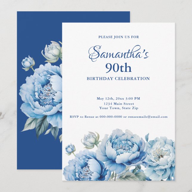 Invitación Watercolor Blue Floral 90th Birthday Party (Anverso / Reverso)