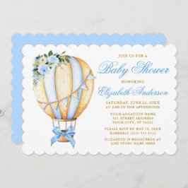 Invitación Watercolor Blue Floral Air Balloon Bow Baby Shower