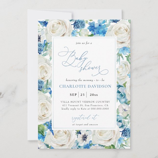 Invitación Watercolor Blue Floral Boy Baby Shower (Anverso)