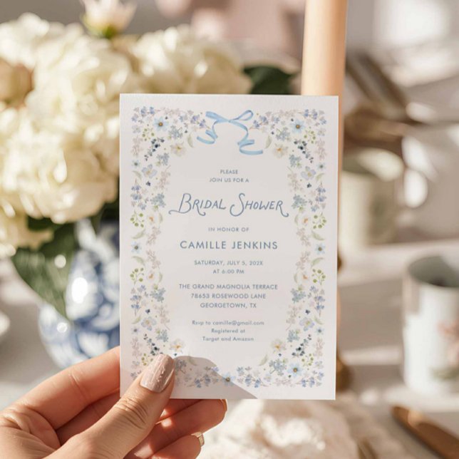Invitación Watercolor Blue Floral Bridal Brunch Bow Invitatio (Blue Floral Bridal Shower Invitation)