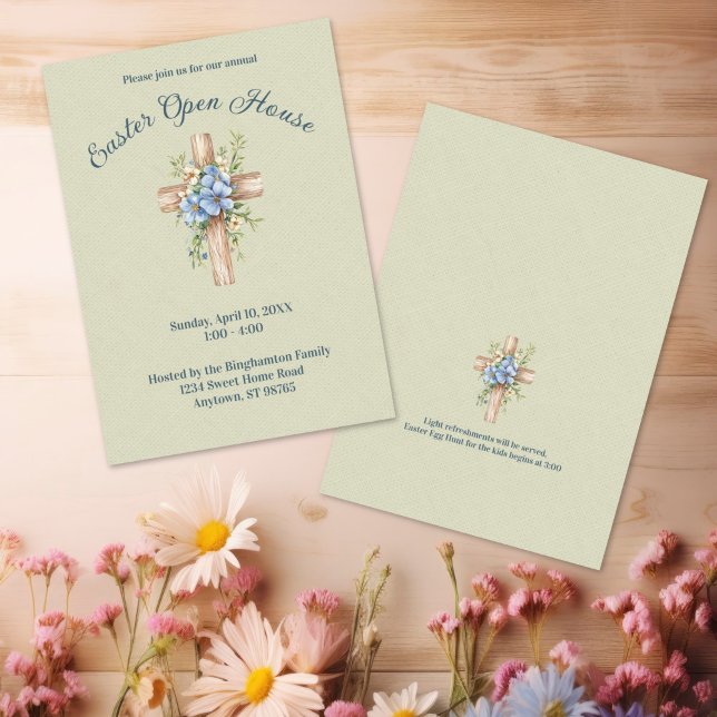 Invitación Watercolor Blue Floral Cross Easter Open House (Watercolor Blue Floral Cross Personalized Easter Open House Invitation)