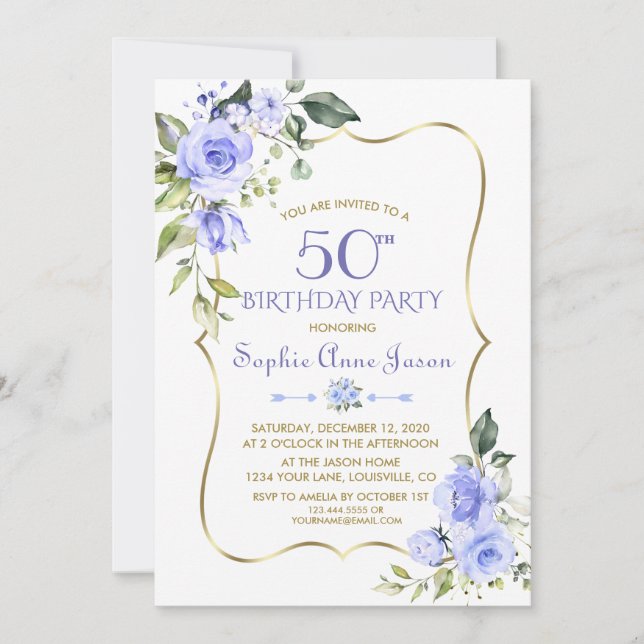 Invitación Watercolor Blue Floral Gold Frame 50 cumpleaños (Anverso)