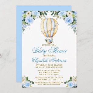 Invitación Watercolor Blue Floral Hot Air Balloon Baby Shower