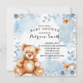 Invitación Watercolor Blue Floral Teddy Bear Baby Shower