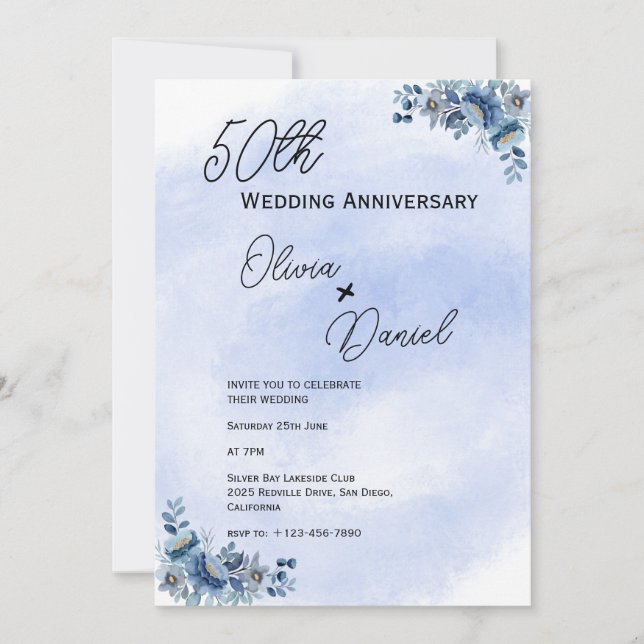 Invitación Watercolor Blue Floral Wedding Anniversary  (Anverso)