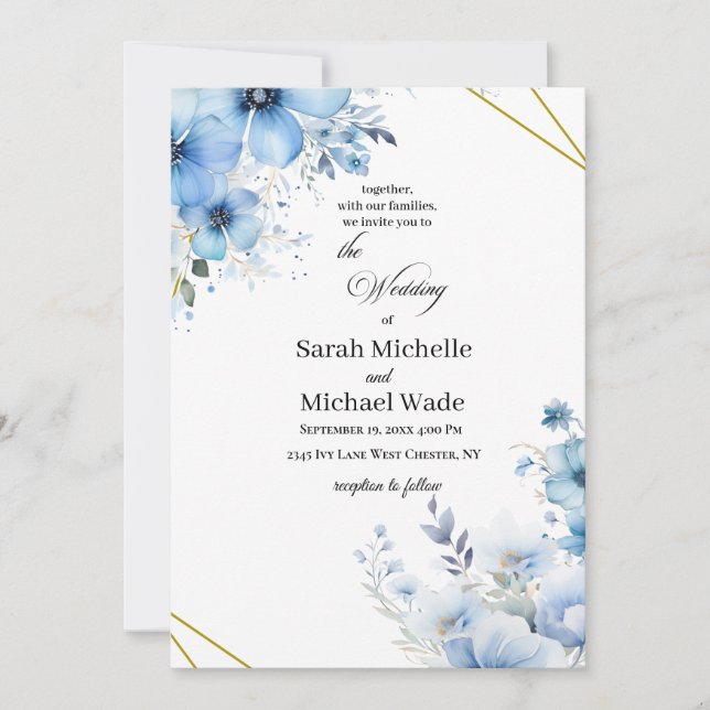 Invitación Watercolor blue floral Wedding Invitation (Anverso)