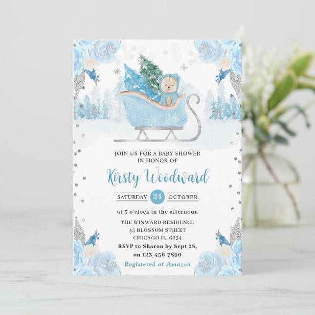 Invitación Watercolor Blue Floral Winter Bear Baby Shower (Anverso de pie)
