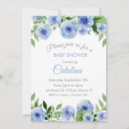 Invitación Watercolor Blue Flowers Baby Shower Invitation