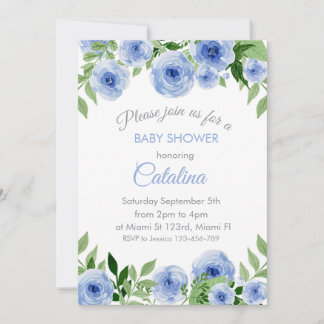 Invitación Watercolor Blue Flowers Baby Shower Invitation