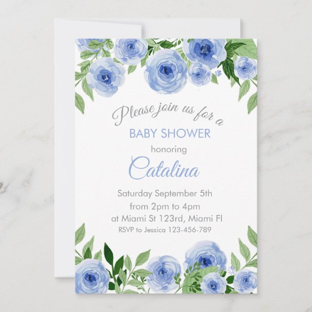Invitación Watercolor Blue Flowers Baby Shower Invitation (Anverso)