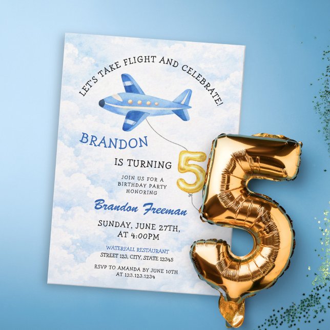 Invitación Watercolor Blue & Gold Airplane 5th Birthday (Subido por el creador)