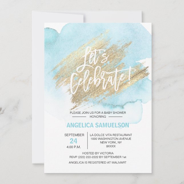 Invitación Watercolor Blue Gold Baby Shower celebremos (Anverso)