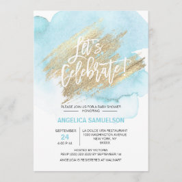 Invitación Watercolor Blue Gold Baby Shower celebremos