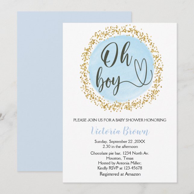 Invitación Watercolor Blue Gold Confetti Baby Shower Oh niño (Anverso / Reverso)