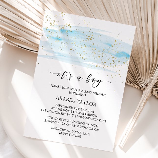 Invitación Watercolor Blue & Gold It's A Boy Baby Shower (Subido por el creador)