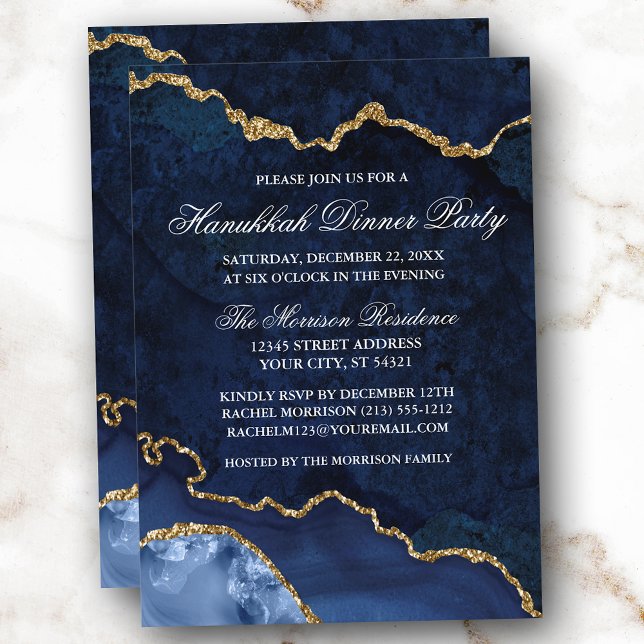 Invitación Watercolor Blue Gold Marble Geode Hanukkah Dinner (Customize to change text size, text style or to add more text to back of card.)