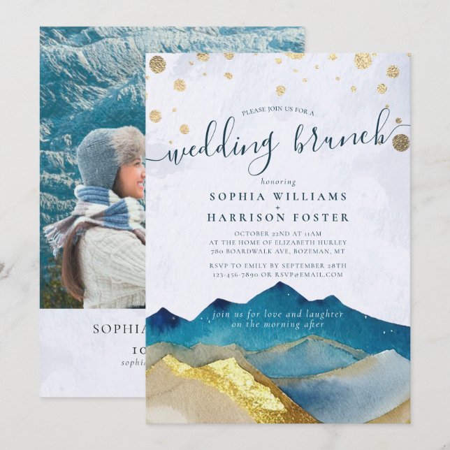 Invitación Watercolor Blue Gold Mountain Boda foto Brunch (Anverso / Reverso)