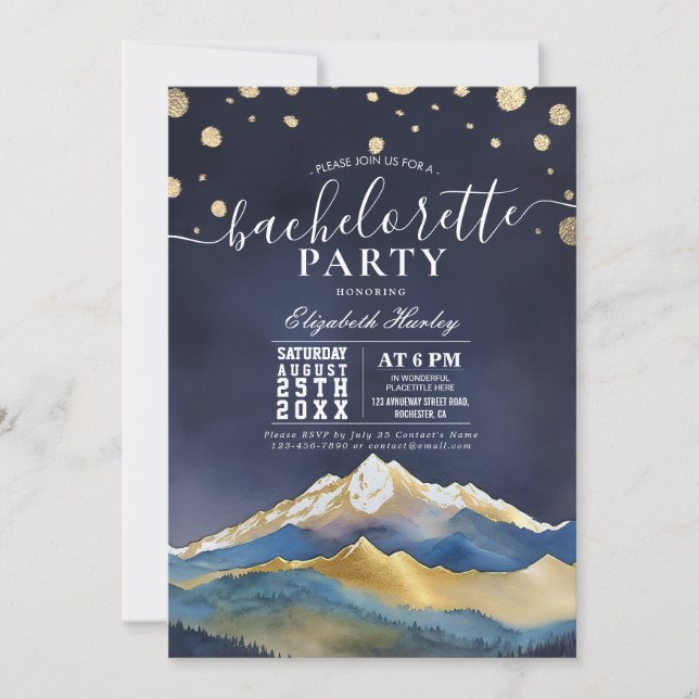 Invitación Watercolor Blue Gold Mountains Bachelorette Party (Anverso)