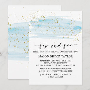 Invitación Watercolor Blue & Gold Sparkle Sip y See