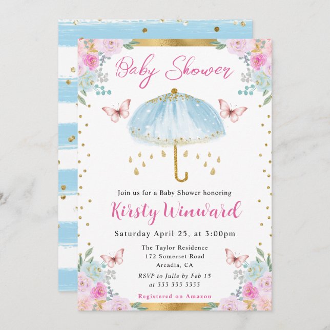 Invitación Watercolor Blue Gold Spring Baby Shower (Anverso / Reverso)