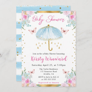 Invitación Watercolor Blue Gold Spring Baby Shower