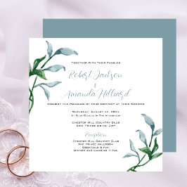 Invitación Watercolor Blue Green Leaves Elegante Boda