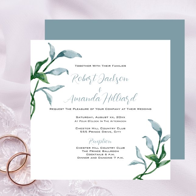 Invitación Watercolor Blue Green Leaves Elegante Boda (Watercolor Blue Green Leaves Elegant Wedding Invitation)