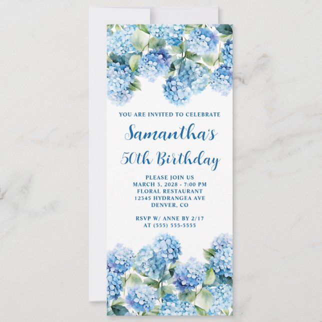 Invitación Watercolor Blue Hydrangea 50 cumpleaños (Anverso)